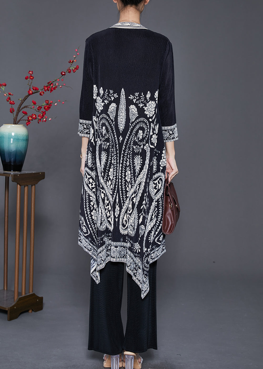 Black Print Silk Dress and Pant Two Piece Set Outfits Asymmetrical Fall