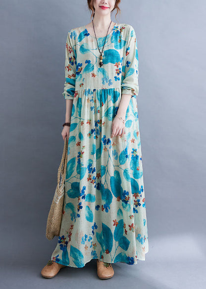 Unique Blue Baggy O-neck Wrinkled Print Long Dress Long Sleeve