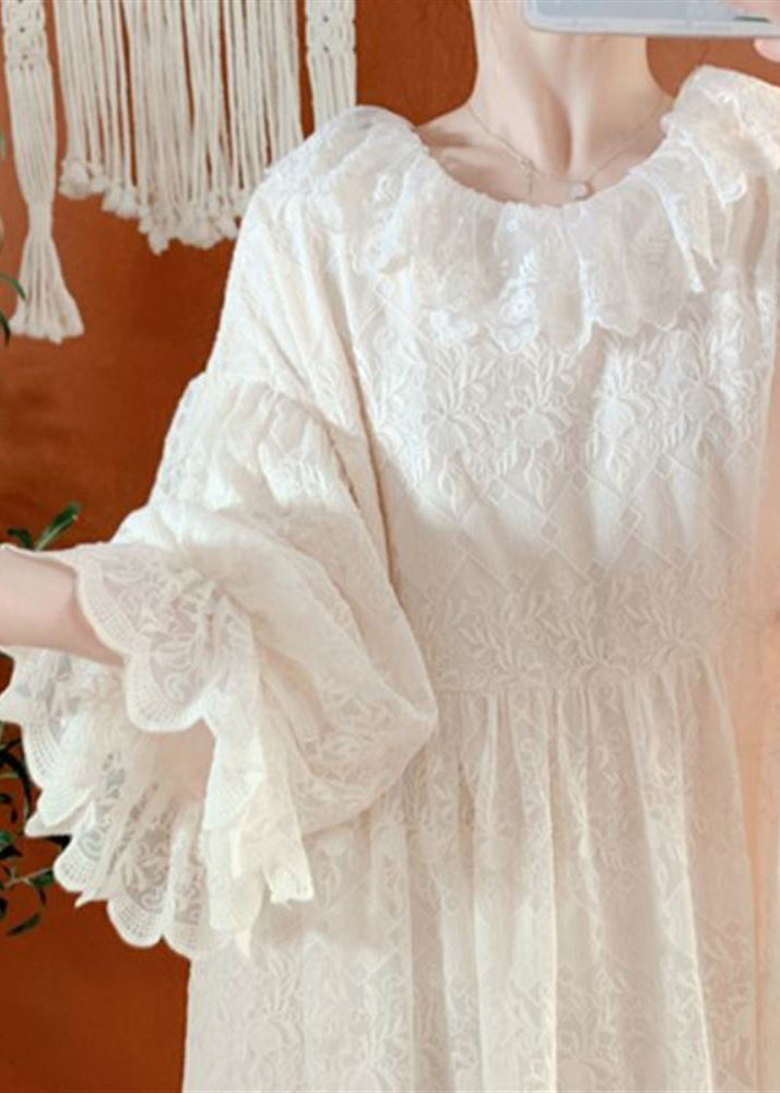 Brief Apricot Lace Patchwork Maxi Dress Lantern Sleeve Spring