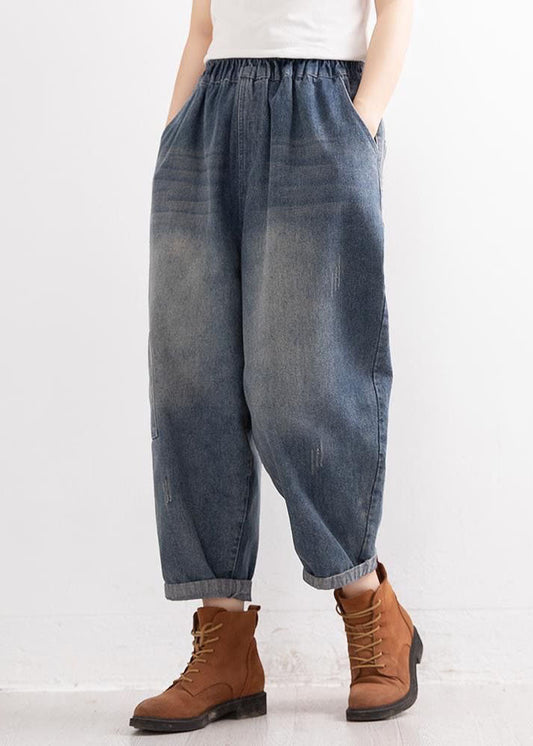 Denim Blue Elastic Waist Pockets Patchwork Applique Cotton Harem Pants Fall