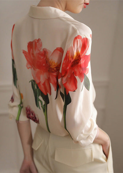 Beige Peter Pan Collar Print Button Chiffon Shirt Spring