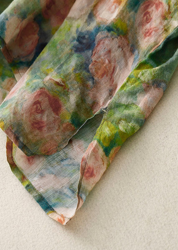 Green O Neck Print Patchwork Linen Mid Dress Bracelet Sleeve Summer