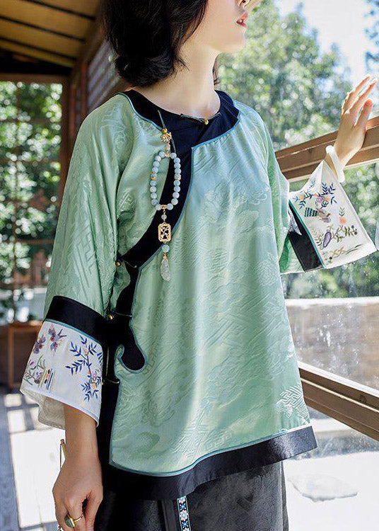 Light Green O-neck Patchwork Print Silk Shirt Tops Spring