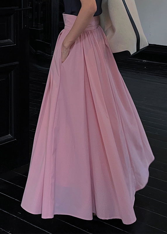 Brief Pink Wrinkled High Waist Pockets a Line Cotton Skirts Summer