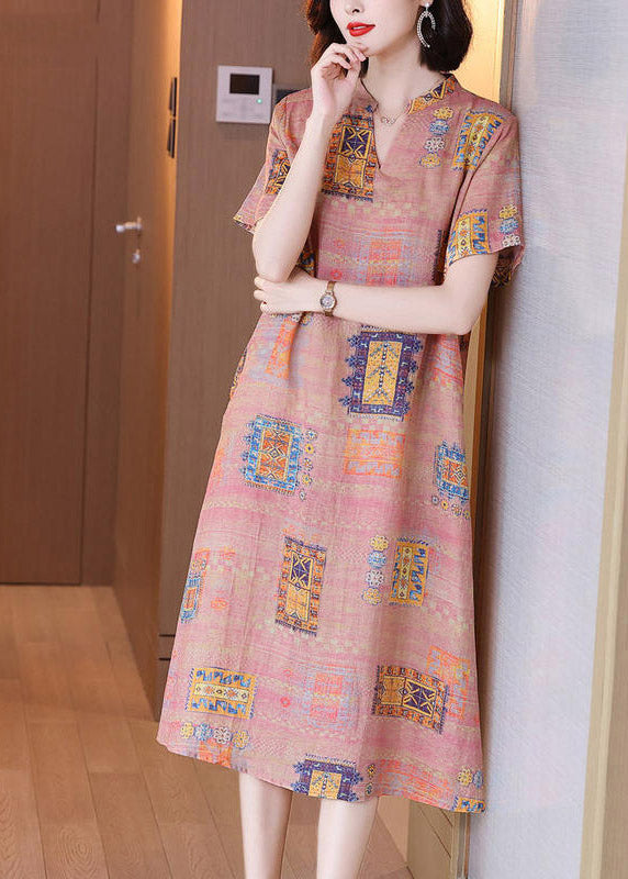 V Neck Print Linen Long Dresses Short Sleeve
