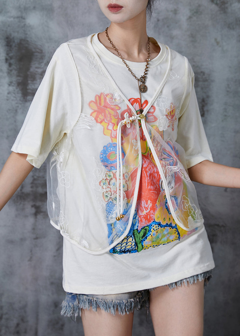 White Print Cotton Tanks and Vests Two Pieces Set Embroidered Summer