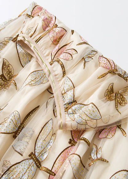 Apricot Butterfly High Waist Tulle Skirts Embroidered Spring