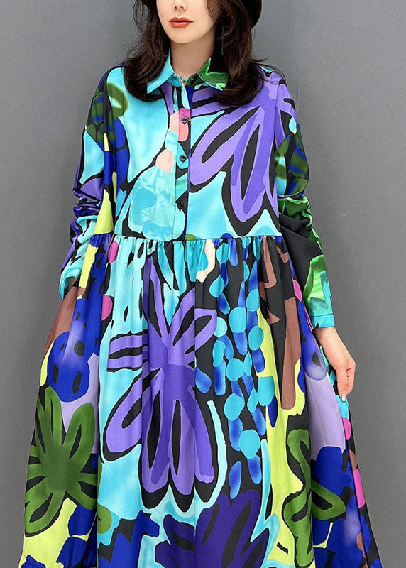 Blue Print Patchwork Cotton Long Dresses Fall