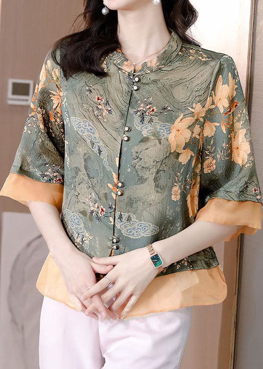 Colorblock Stand Collar Patchwork Print Silk Tops Summer