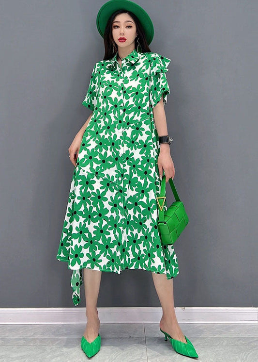 Green Peter Pan Collar Asymmetrical Design Print Cotton Holiday Dress Short Sleeve