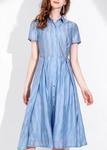 Orange Stand Collar Button Wave Print Silk Holiday Cinch Dress Short Sleeve