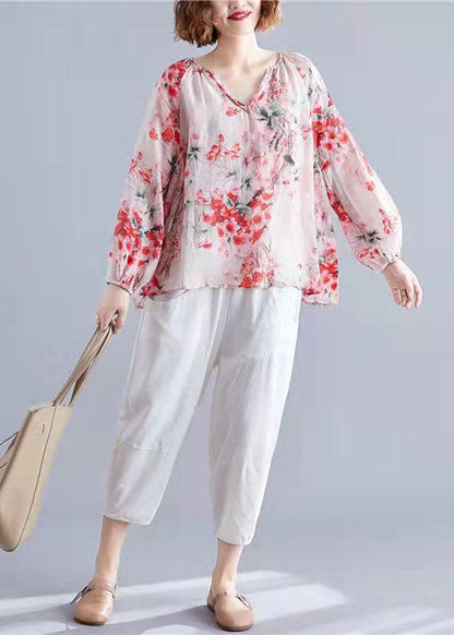 Blue V Neck Print Tops Lantern Sleeve
