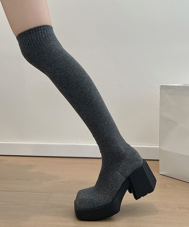 New Grey Knit Fabric Splicing Chunky Heel Knee Boots