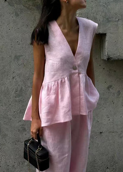 Pink V Neck Button Waistcoat and Pants Cotton Two Piece Set Sleeveless