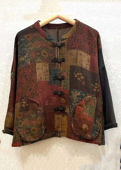 Print Button Patchwork Cotton Coat Long Sleeve Spring