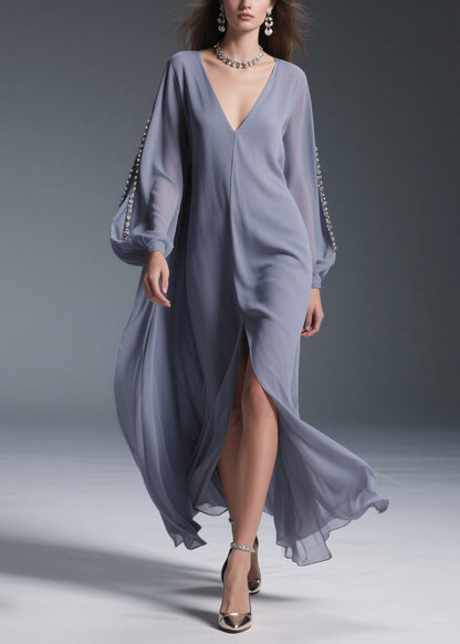 Grey Front Open Chiffon Long Dresses V Neck Spring
