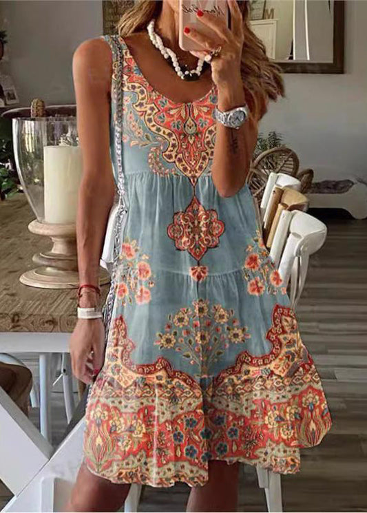 Yellow Green Print Cotton Mid Dress Sleeveless