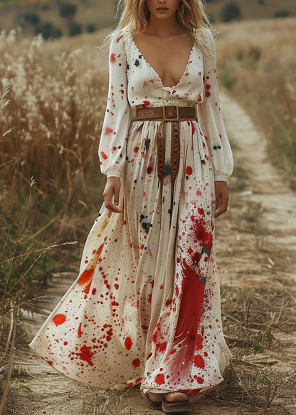 Beige V Neck Print Cotton Long Dress Spring