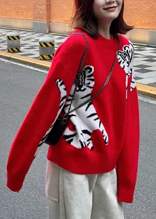 Handmade Red O-neck Cartoon Print Thick Woolen Sweaters Long Sleeve