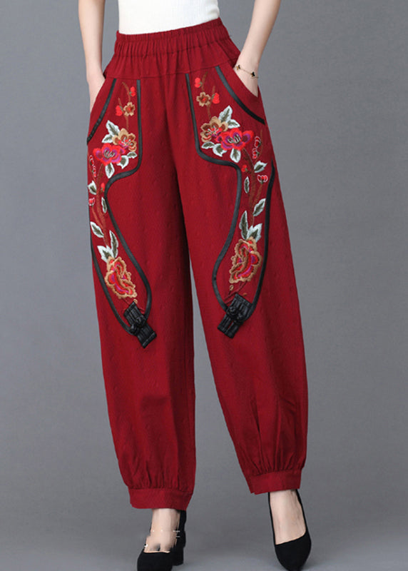 Loose Red Embroideried Pockets Linen Lantern Pants Fall