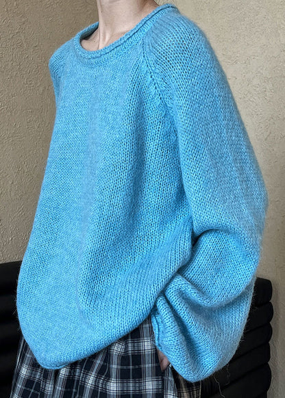 Loose Blue O Neck Knit Sweaters Long Sleeve