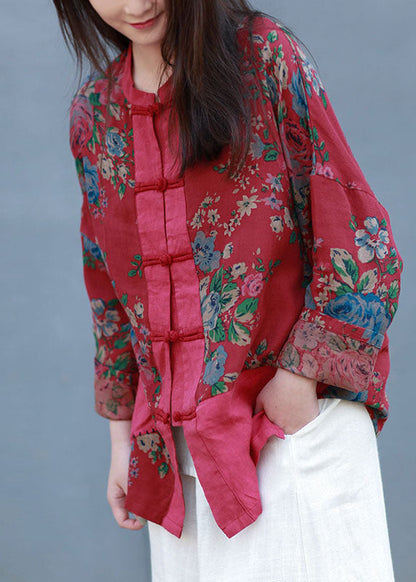 Red Stand Collar Patchwork Print Linen Blouses Spring