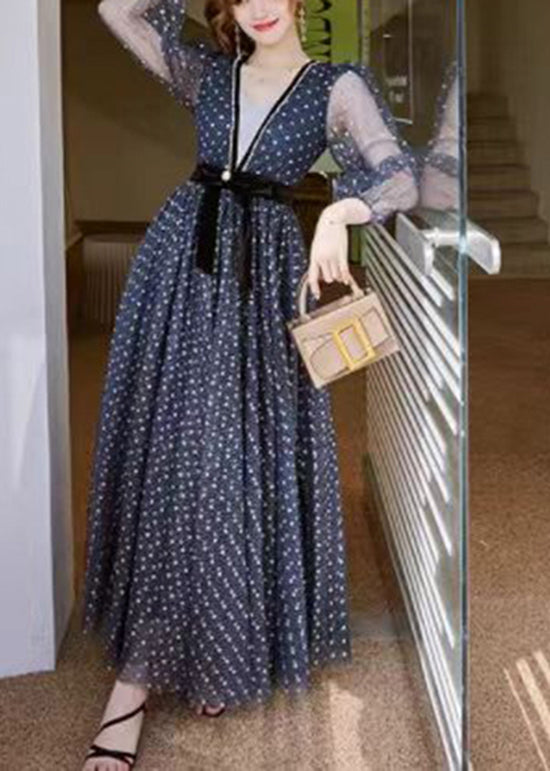 Blue V Neck Print Wrinkled Tulle Dress Long Sleeve