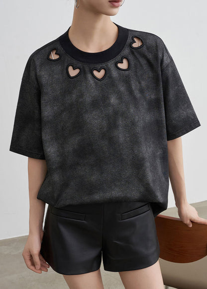 Black O Neck Hollow Out Cotton T Shirt Summer