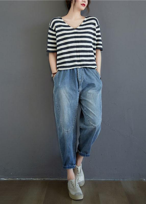 Black White Striped V Neck Button Top Summer