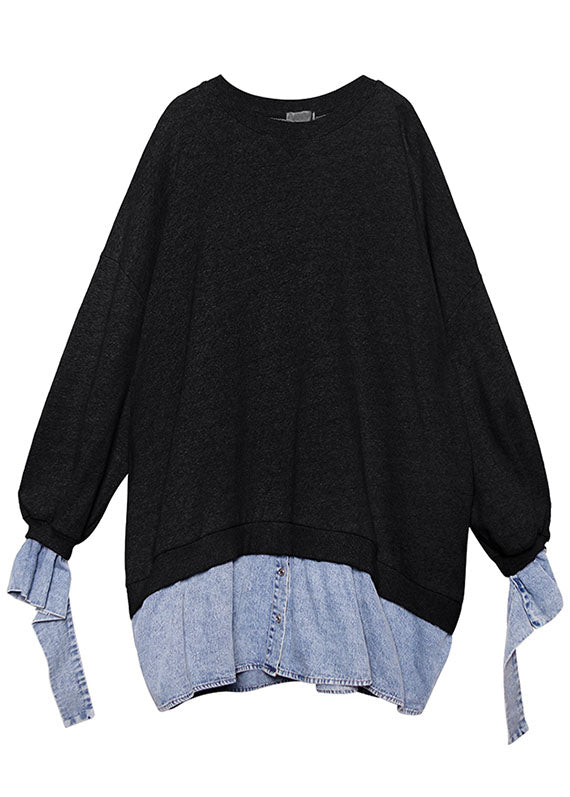 Comfy Black O-neck Patchwork Button Fall Sweatshirts Top