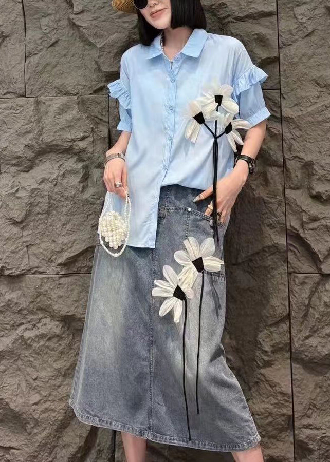 Modern White Peter Pan Collar Shirts and Denim Skirts Two Pieces Set Short Sleeve Summer
