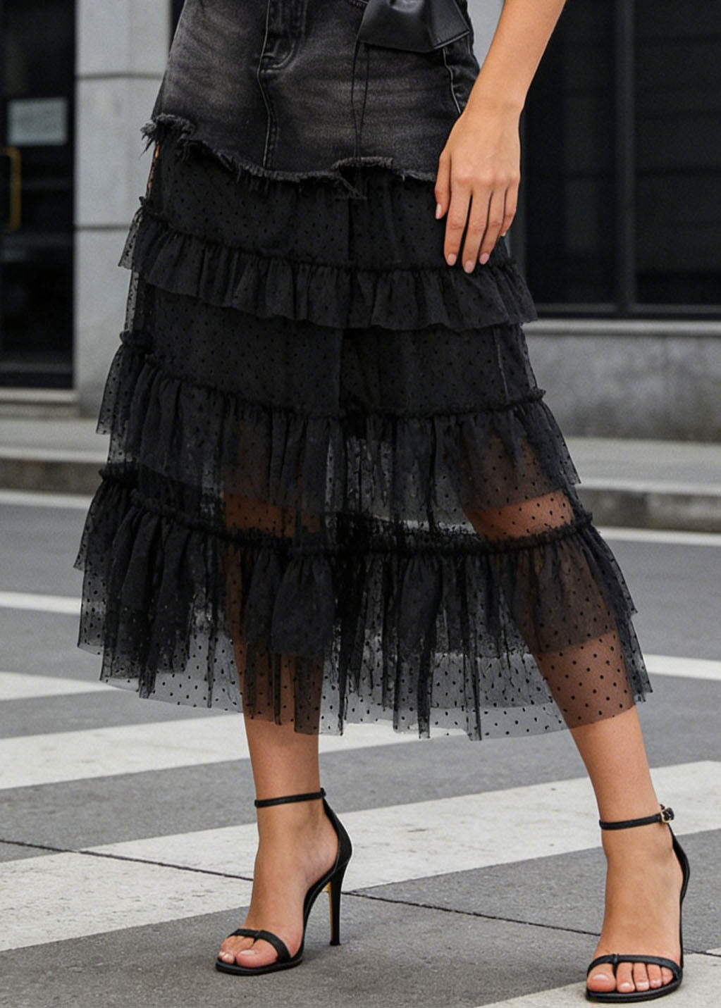 Stylish Black Tulle Ruffled Patchwork Denim Skirt Summer