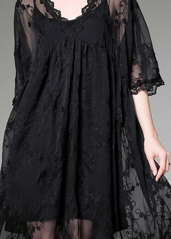 Handmade Black Embroideried Patchwork Tulle Two-piece Set Dress Summer