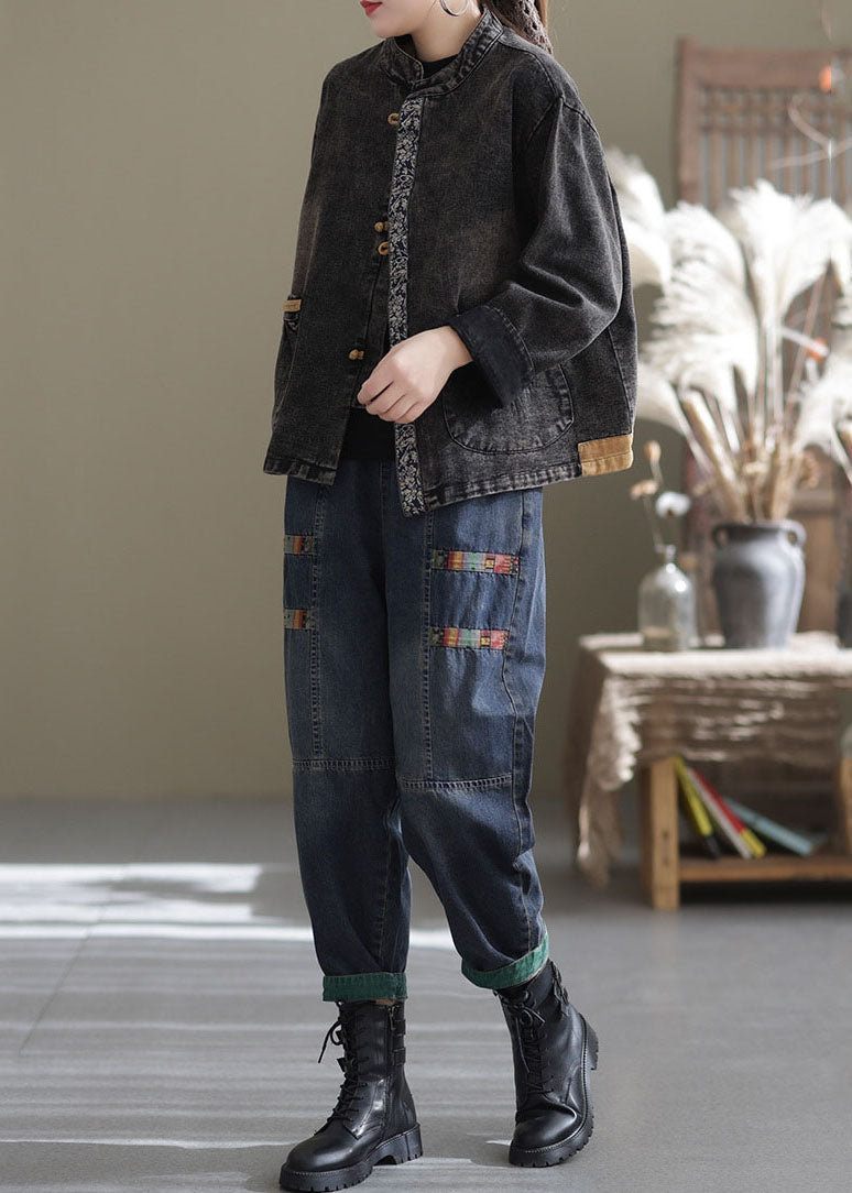Black Oversized Pockets Patchwork Cotton Denim Coats Fall