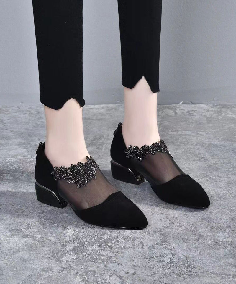 Black Suede Tulle Splicing Zircon High Heels