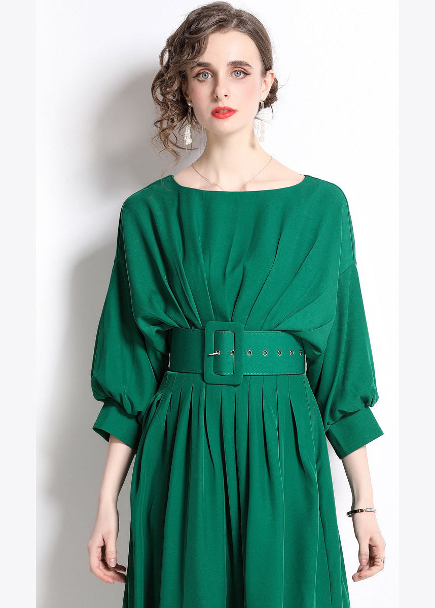 Boutique Green Color Sashes Chiffon Pleated Dress Batwing Sleeve