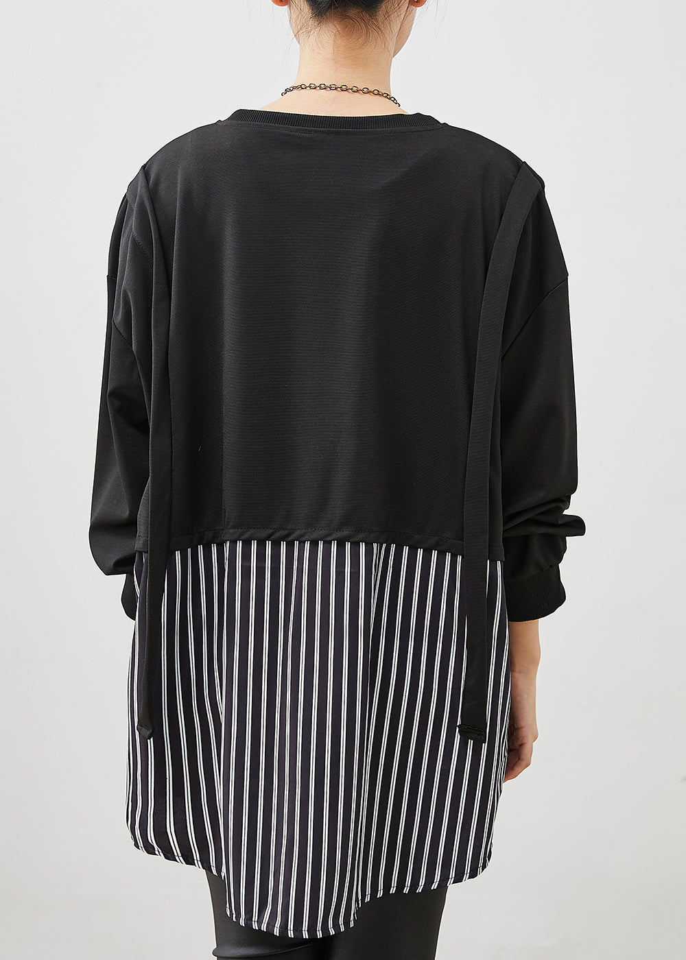 Black Oversized Patchwork Striped Cotton Sweatshirt Spring