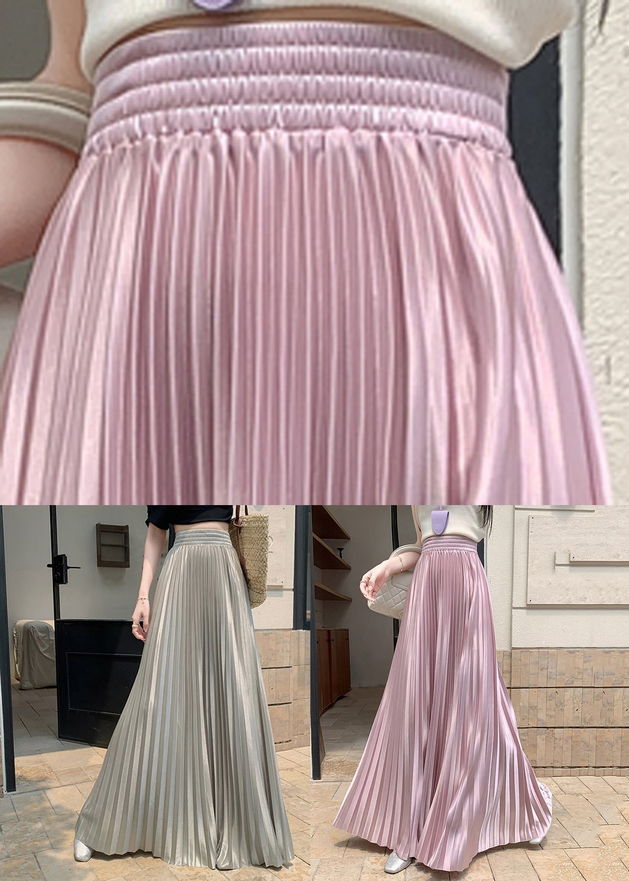 French Pink Wrinkled Silk a Line Skirt Summer