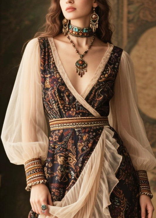Black V Neck Patchwork Tulle Chiffon Maxi Dresses Lantern Sleeve