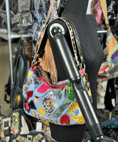 Denim Blue Asymmetrical Patchwork Sheepskin Shoulder Bags