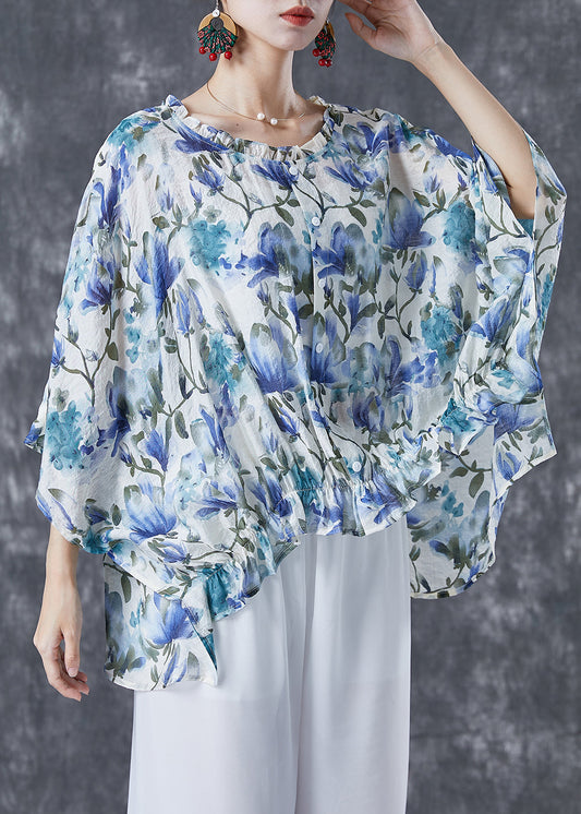 Blue Ruffled Print Cotton Shirt Tops Batwing Sleeve