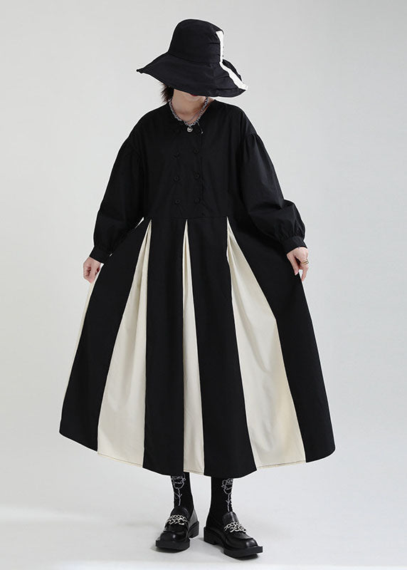 Black White Patchwork Exra Large Hem Cotton Shirt Dresses Puff Sleeve