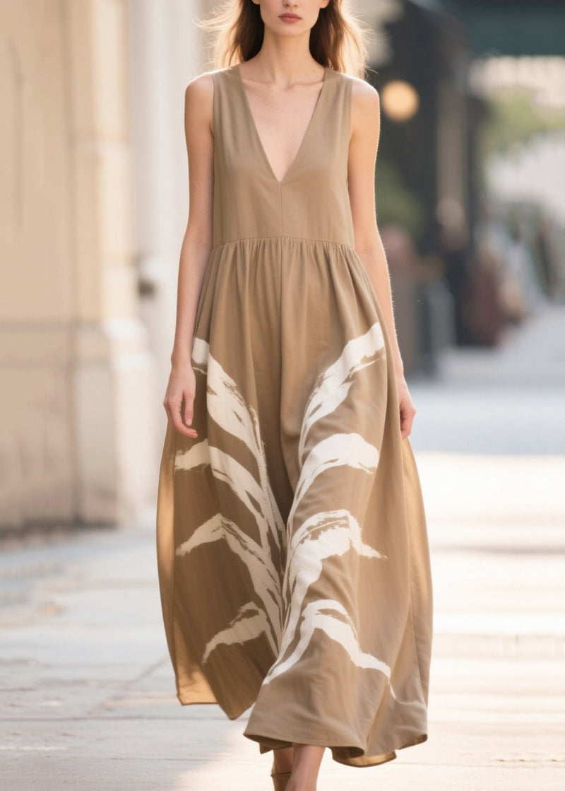 Khaki Oversized Print Cotton Robe Dresses Summer
