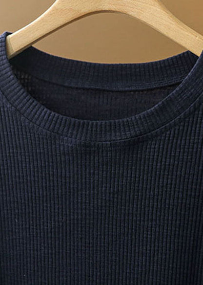 Navy Color O-neck Knit Patchwork Linen Shirt Short Sleeve