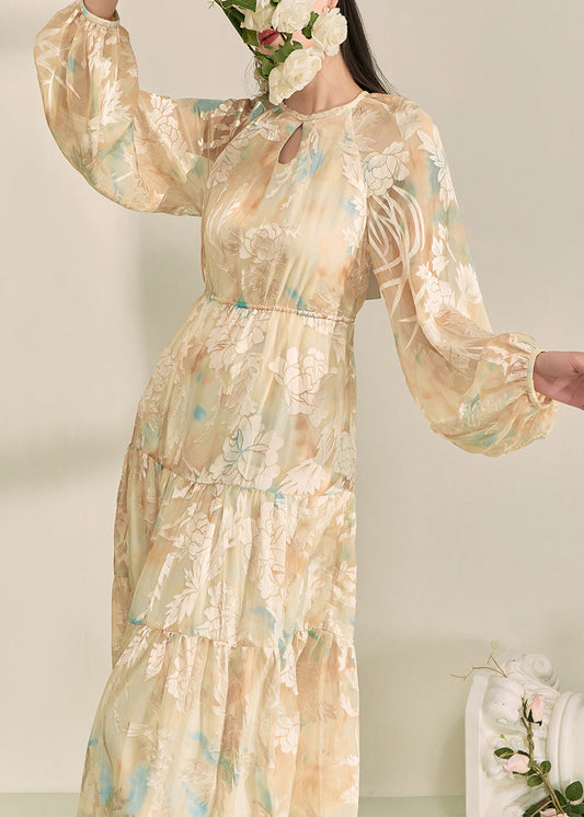 Yellow O-neck Print Long Dresses Lantern Sleeve