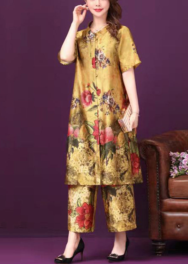 Yellow Stand Collar Pockets Print Silk Two Pieces Set Short Sleeve
