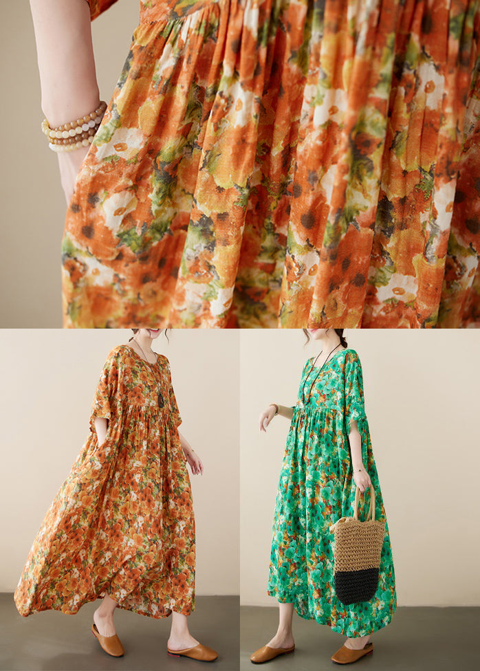 Orange O-neck Print Cozy Robe Dresses Summer