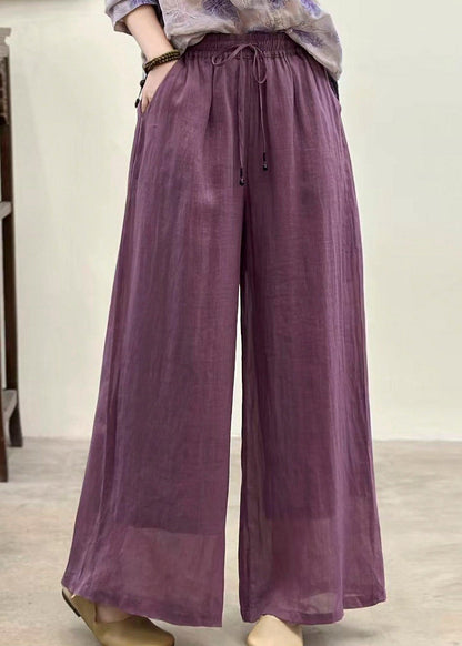 Yellow Pockets Elastic Waist Linen Pants Summer