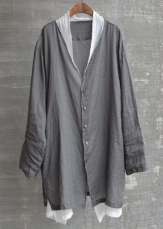 Handmade Black Patchwork Button Fake Two Pieces Linen Shirts Long Sleeve