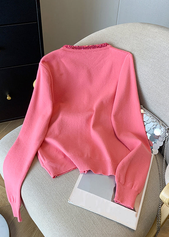 Pink Embroidered Sequins Cotton Knit Cardigans Fall